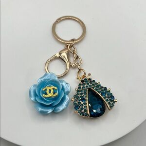 1402.‎ Designer Blue Floral and Gold Charm Keychain